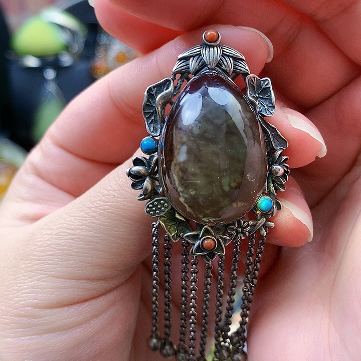 琥珀裸石银S925镶嵌坠