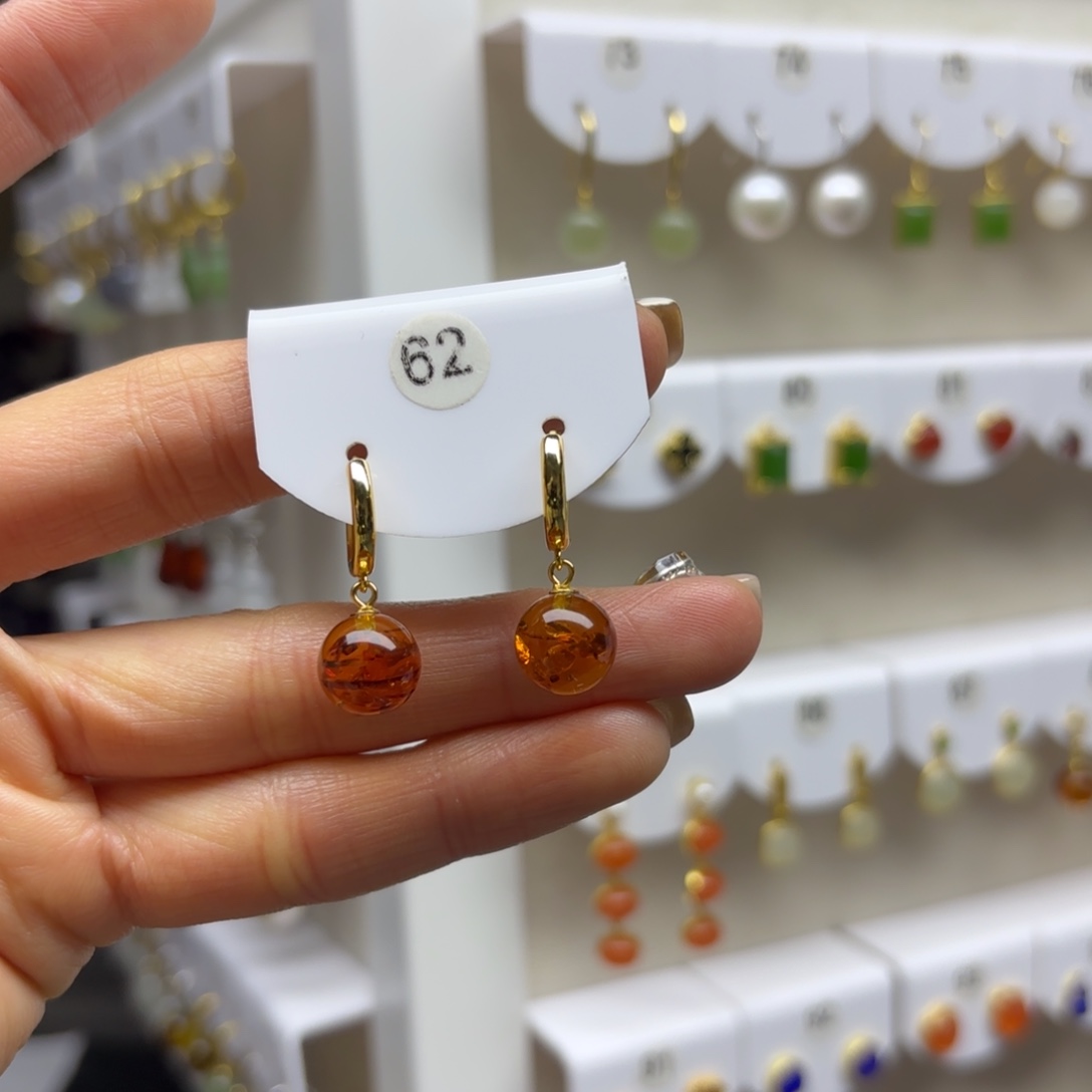 琥珀（花珀）银S925镶嵌耳饰