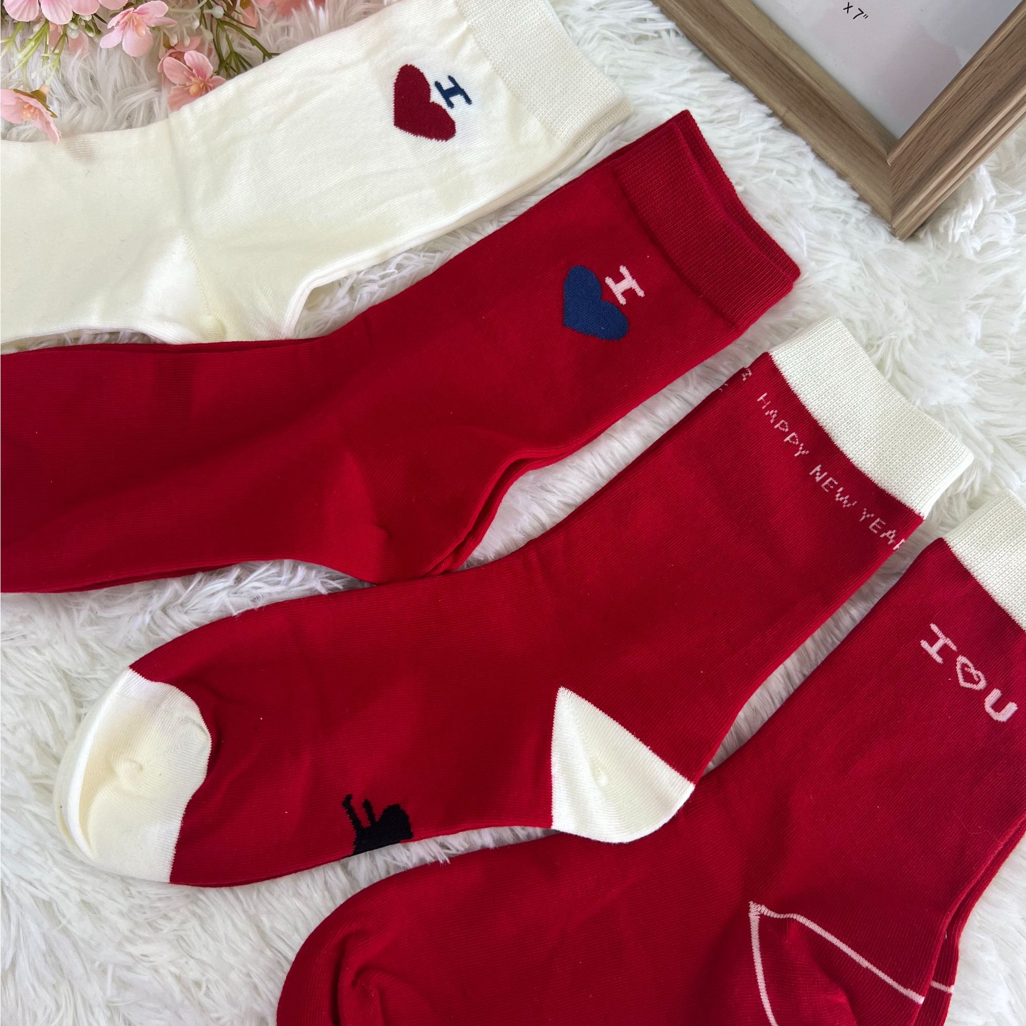 [蔓小棉011]新年红色时尚洋气中筒精梳棉袜四双装