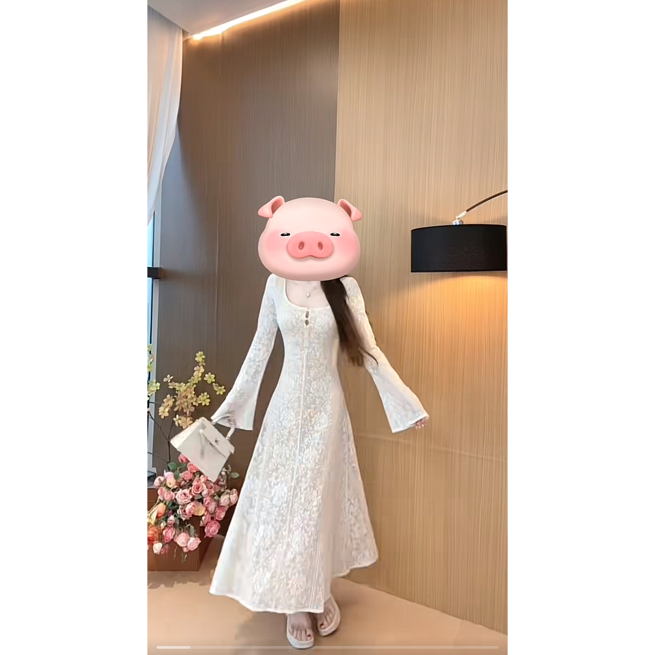 南法叙事 喇叭长袖长裙修身收腰连衣裙女