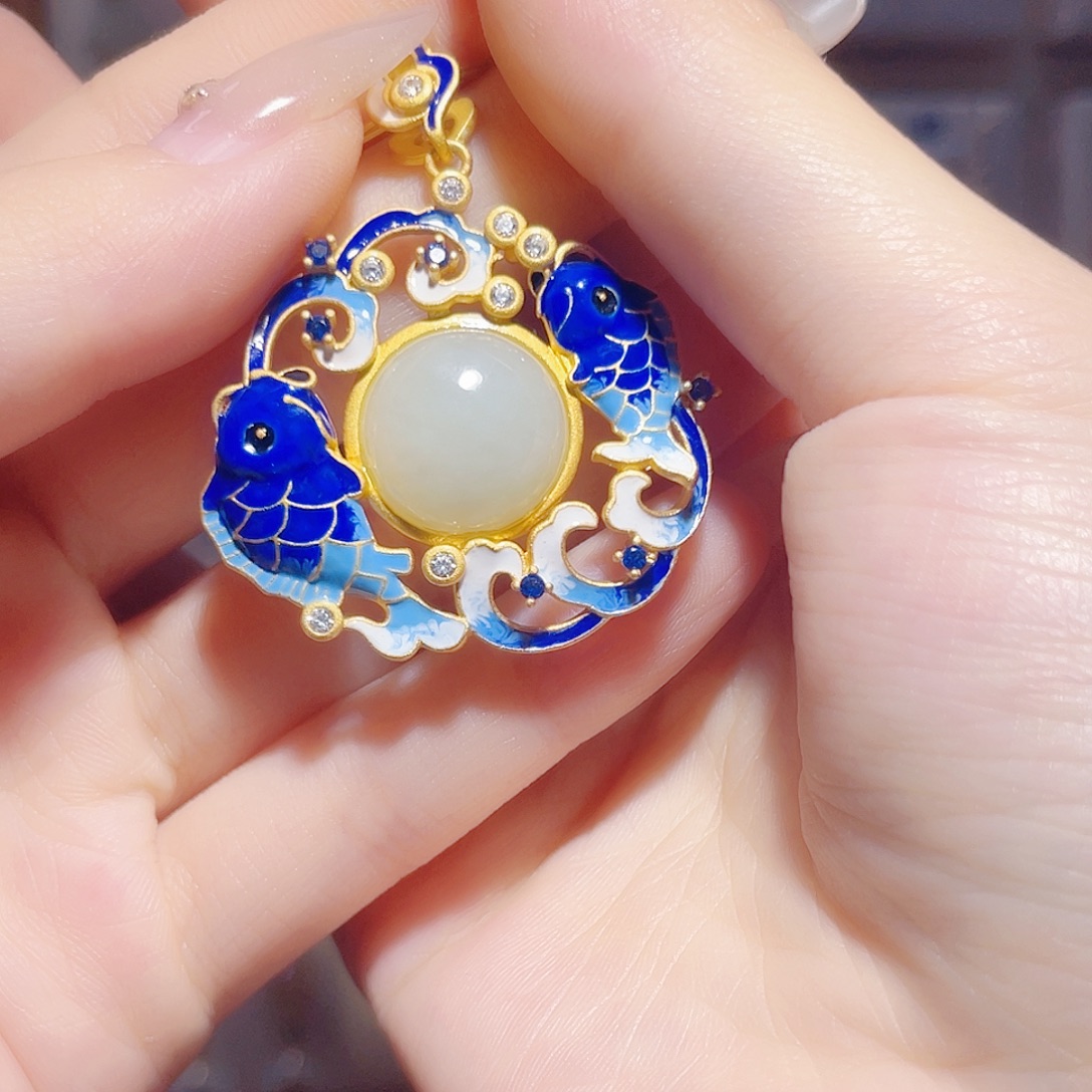 和田玉银S925镀金镶嵌颈饰