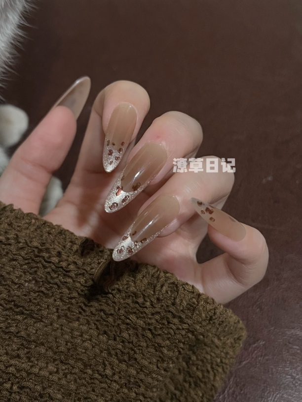 爆闪琥珀流光猫眼美拉德奶咖秋冬豹纹法式长杏仁穿戴甲10片装