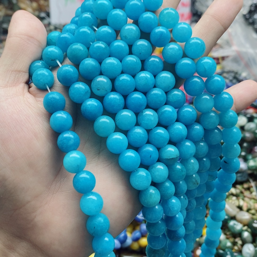 玛瑙/玉髓未镶嵌珠宝半成品一条天然10mm蓝玉髓圆珠B62