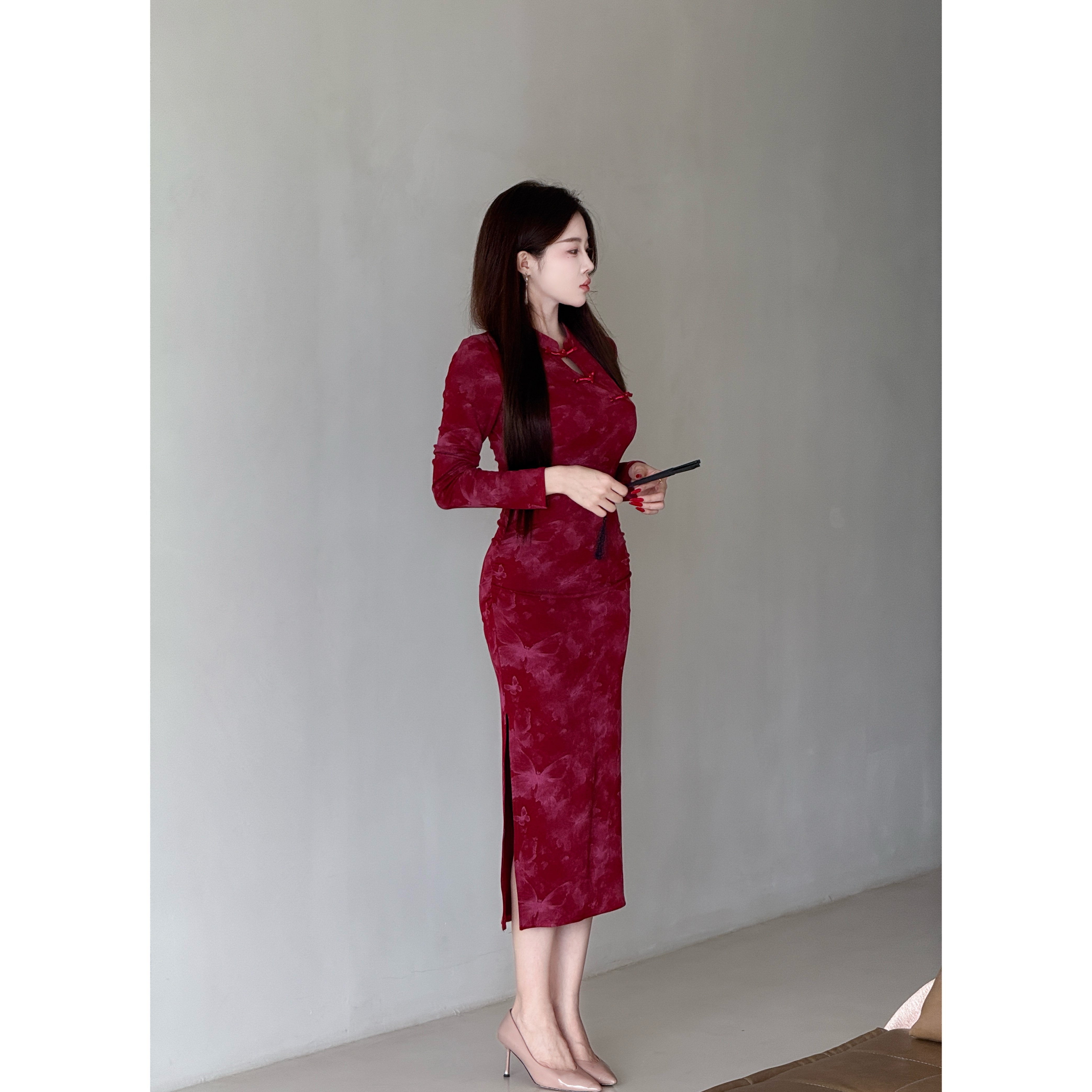 【江南春不晚】7527＃国风盘扣新中式长袖旗袍连衣裙