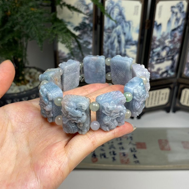 毛货 紫罗兰满色九龙牌手串 天然翡翠A货  