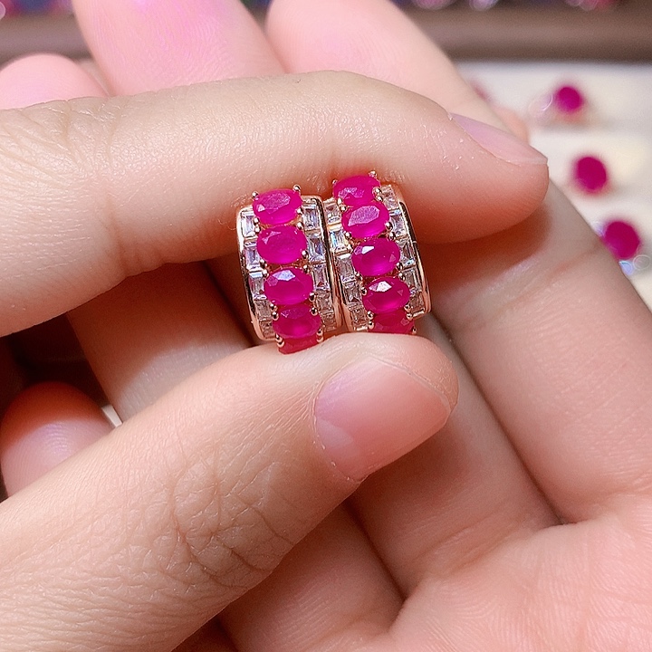 红宝石耳饰银S925镶嵌