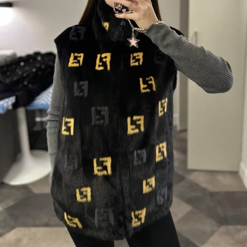 99新 FENDI/芬迪 1026/FENDI SS23 满印立领水貂毛羊毛马甲/50码
