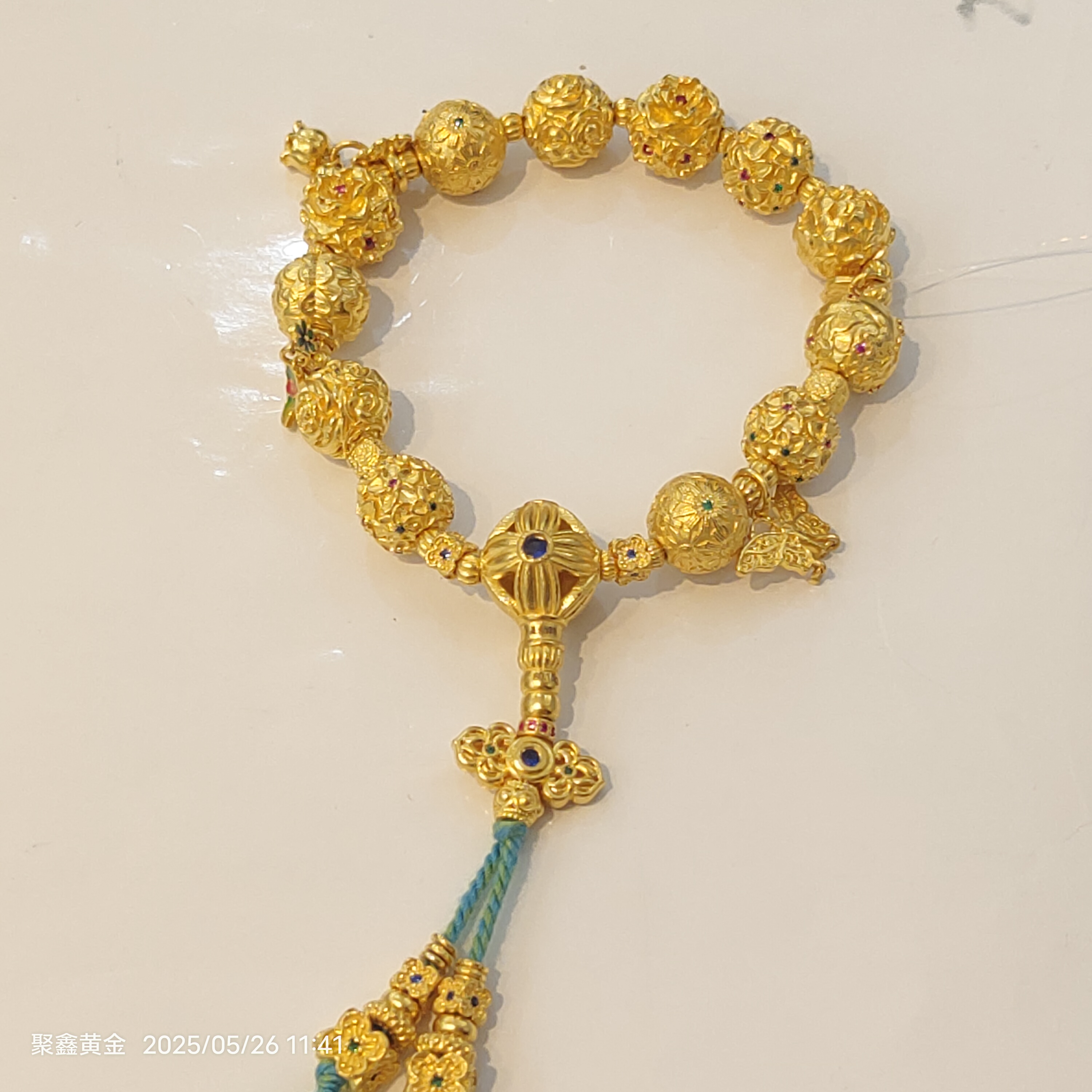 【聚鑫黄金】足金999  镶嵌牡丹花球手串