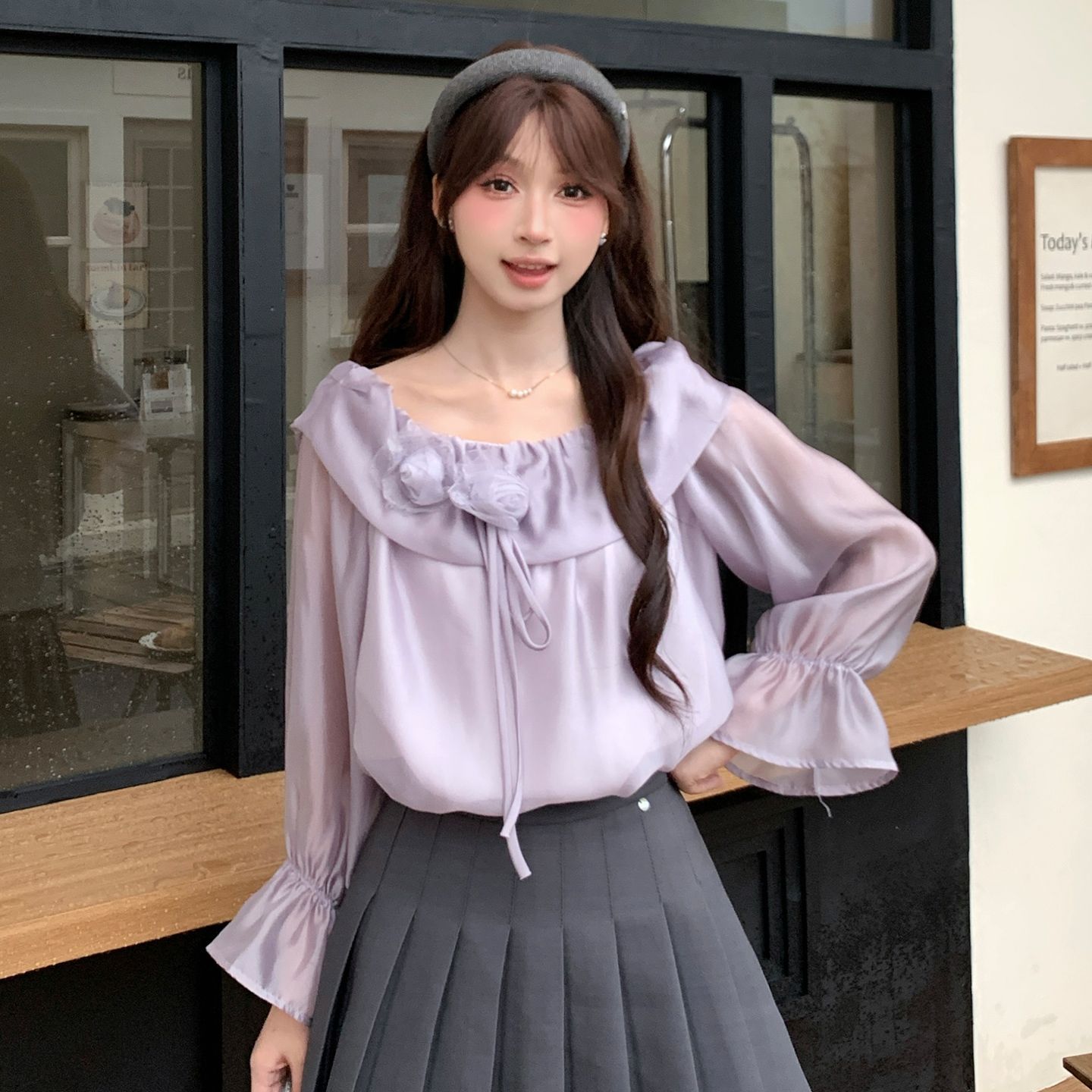 TU28955法式温柔风一字肩长袖衬衫设计感小众宽松上衣