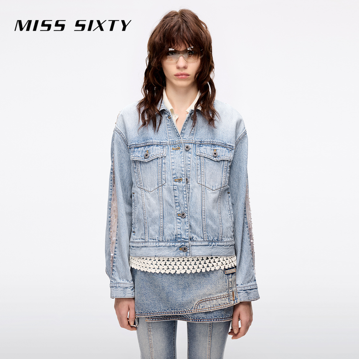 Miss Sixty2025夏季新款工装牛仔外套女复古重工钉珠网纱拼接短款