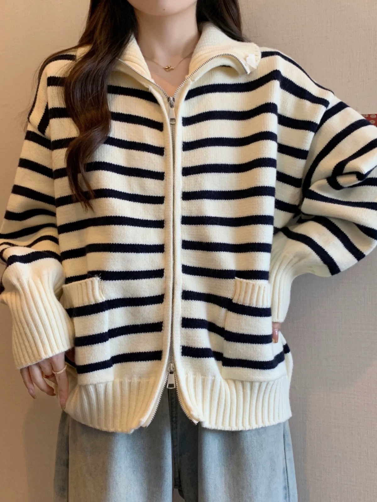 2287-2-CQ白色新款拉链开衫条纹针织上衣（80-135）