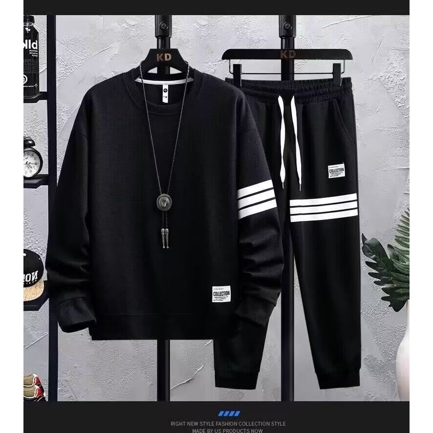 华夫格套装男春秋潮流休闲运动新款长袖长裤一套衣服搭配帅气情侣