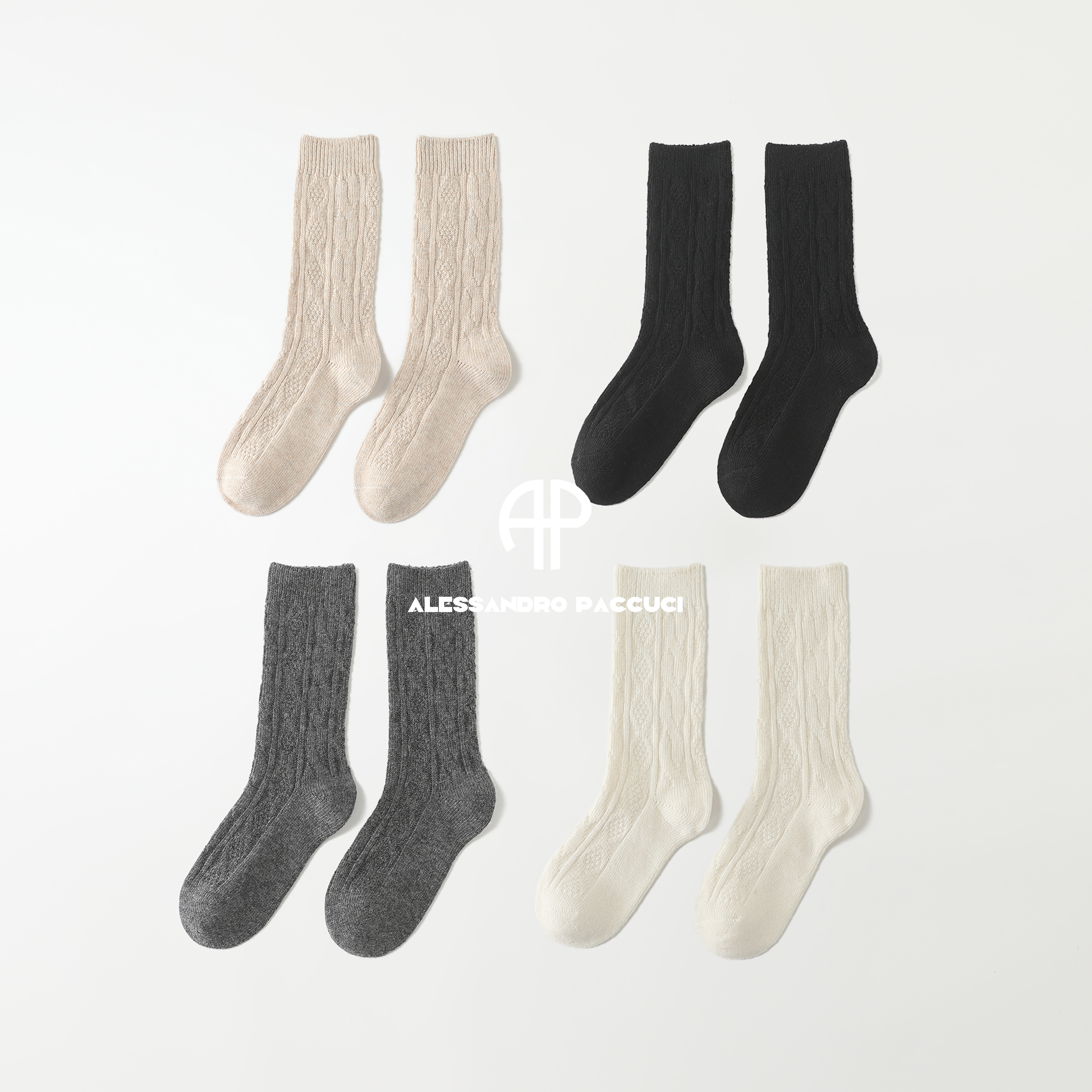 AP洛哥54182AZ/54143AZ【四双装】羊毛绞花纯色时尚温暖中筒袜