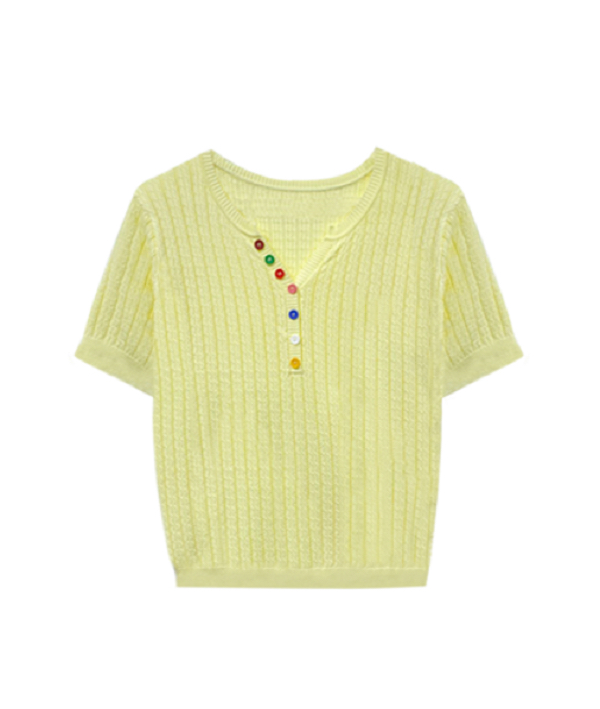 5219夏季新款质感彩色纽扣俏皮显白甜辣垂顺修身针织短袖