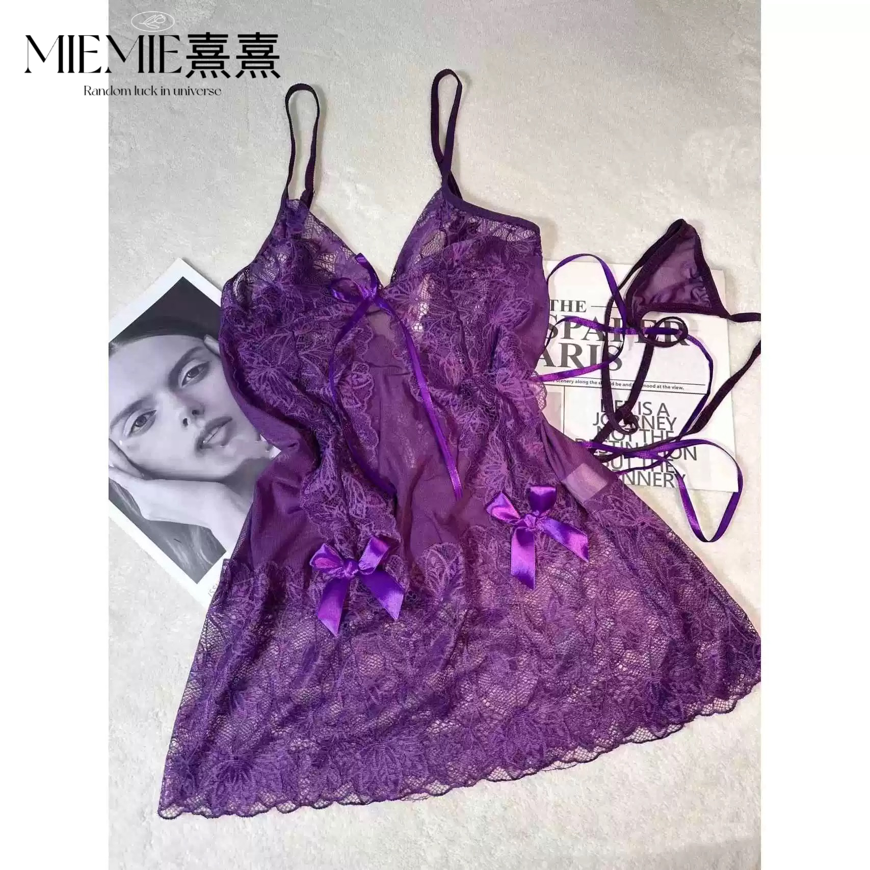 【MIEMIE熹熹】怦然心动！吊带蝴蝶结绑带镂空睡衣薄透时尚紫色