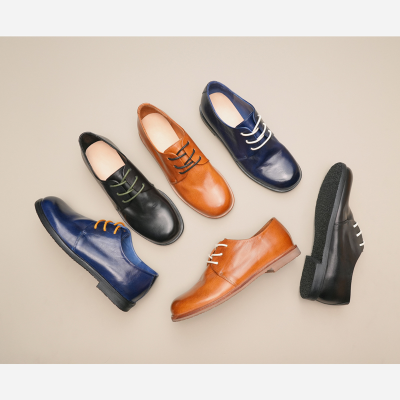 2026早春 水染马皮 圆头布洛克德比皮鞋系带平底牛津单鞋小皮鞋女