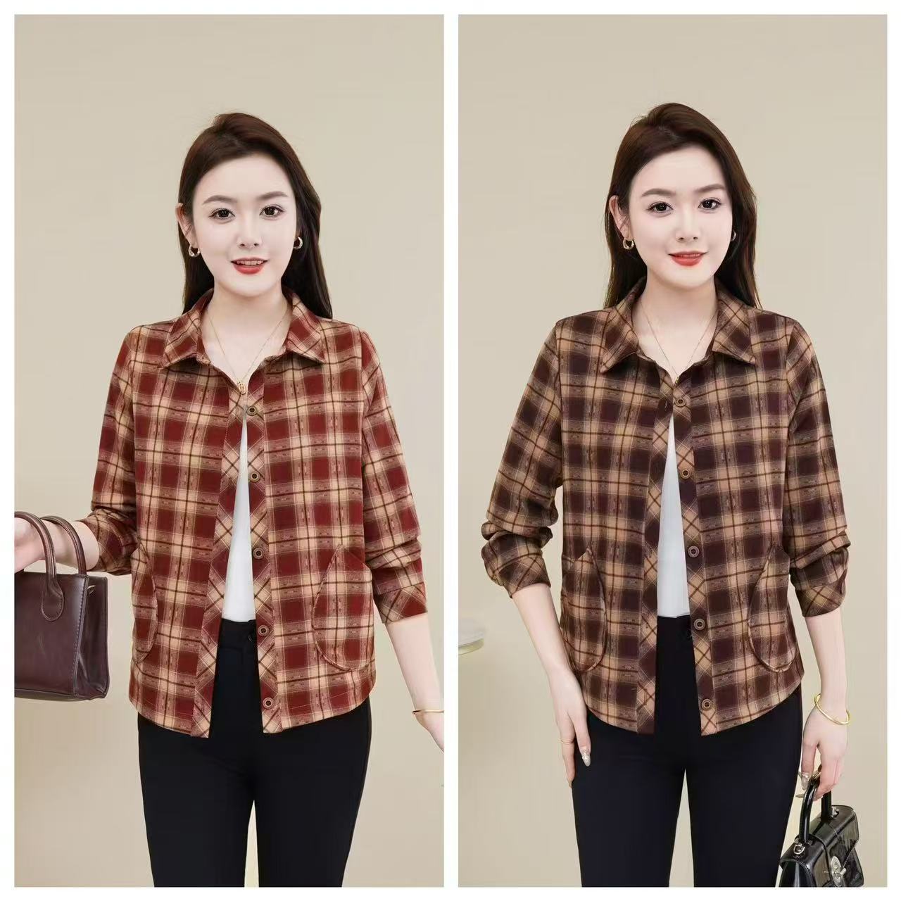 洋气百搭大码显瘦高贵长袖外套格子欧若风休闲中老年女装衬衣