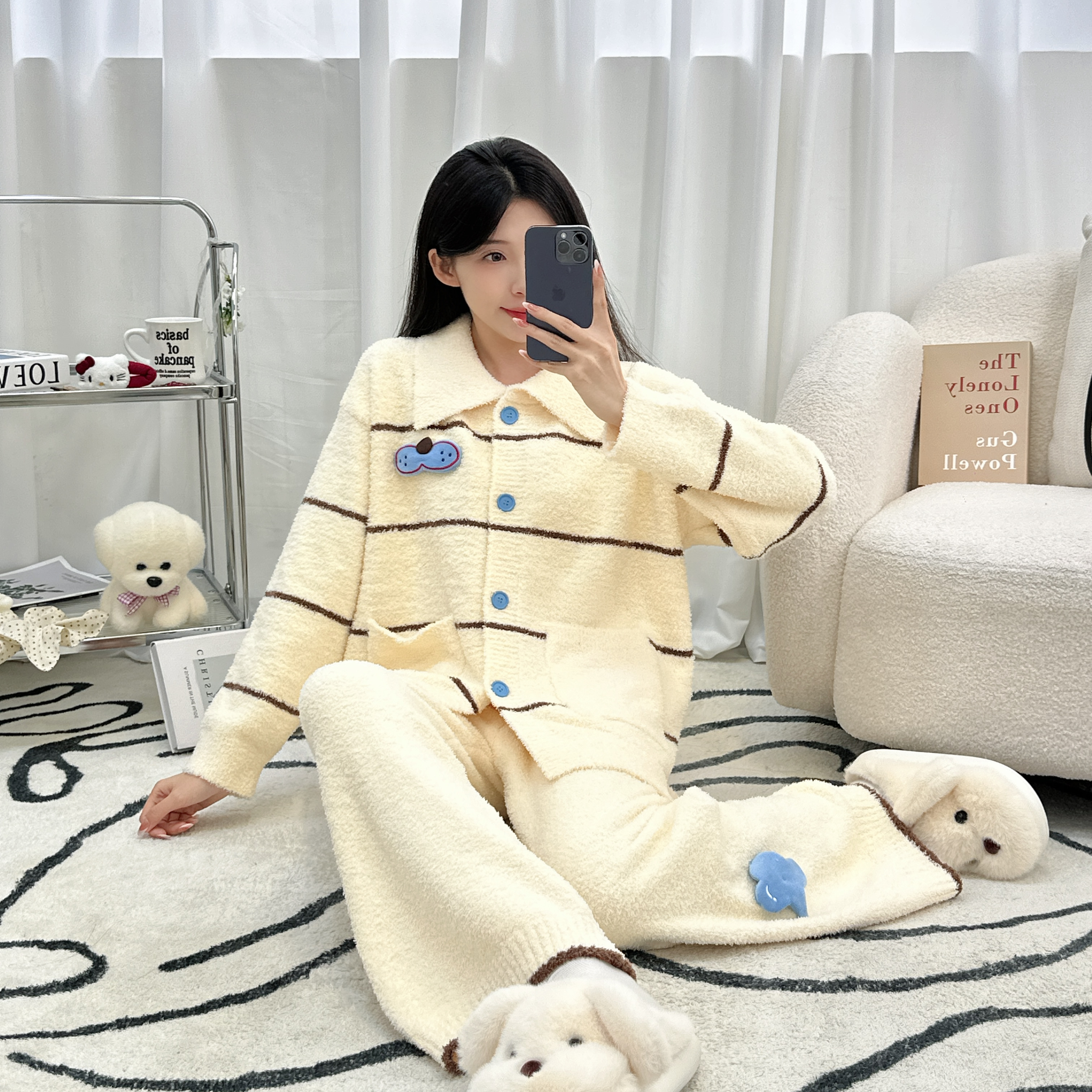 可外穿睡衣女款爆款2025新款半边绒秋冬季加绒加厚长袖套装家居服