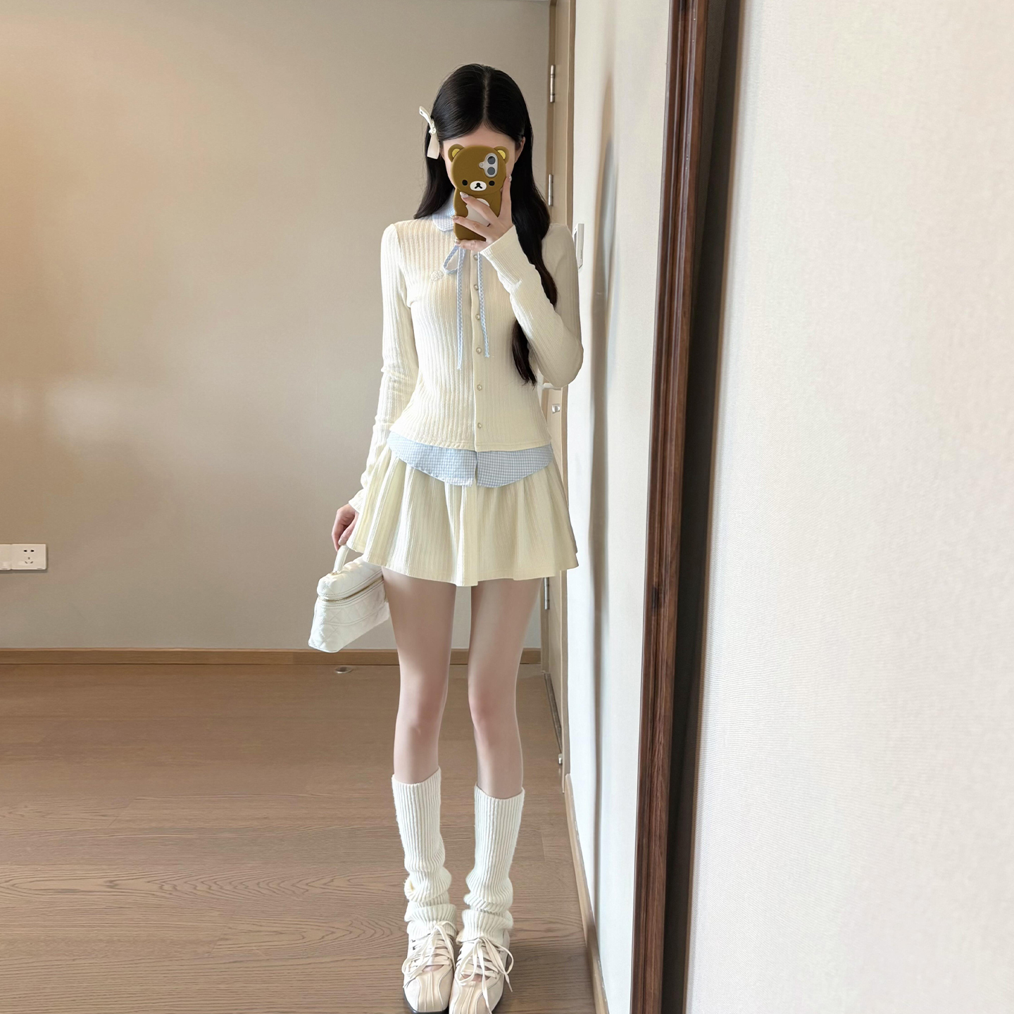 韩系学院风假两件长袖连衣裙子女2025秋冬季高腰a字短裙两件套装