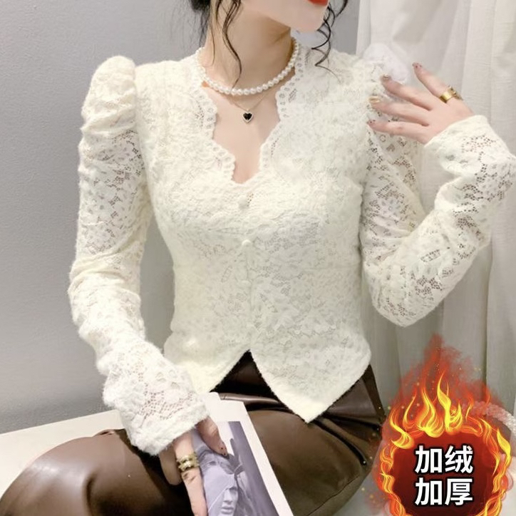 法式蕾丝打底衫女秋冬气质V领泡泡袖显瘦内搭长袖上衣设计感