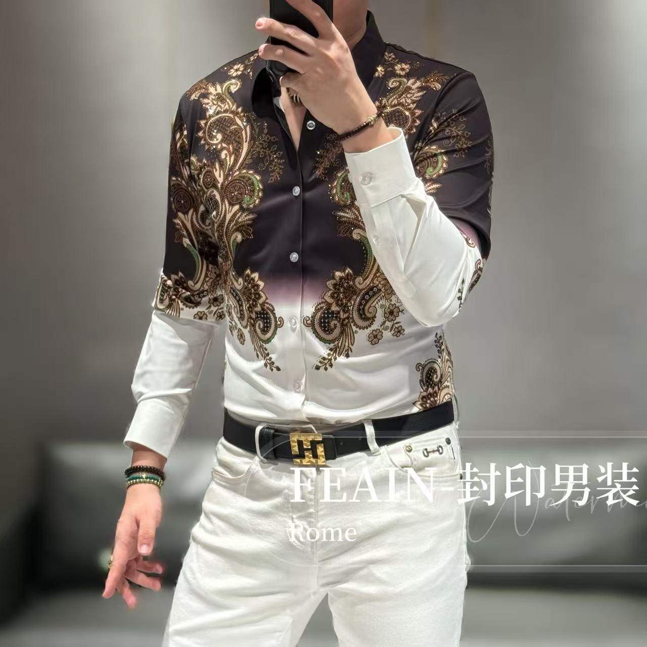高端男士弹力莱卡波西米亚奥钻点缀长袖衬衫72619