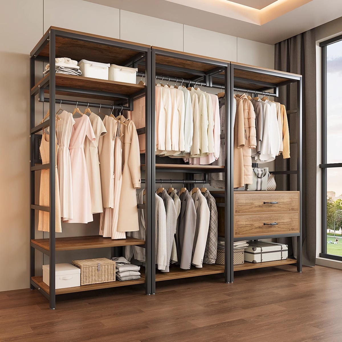 衣柜步入式家用卧室落地衣架出租房靠墙金属衣帽架新型钢制衣服柜