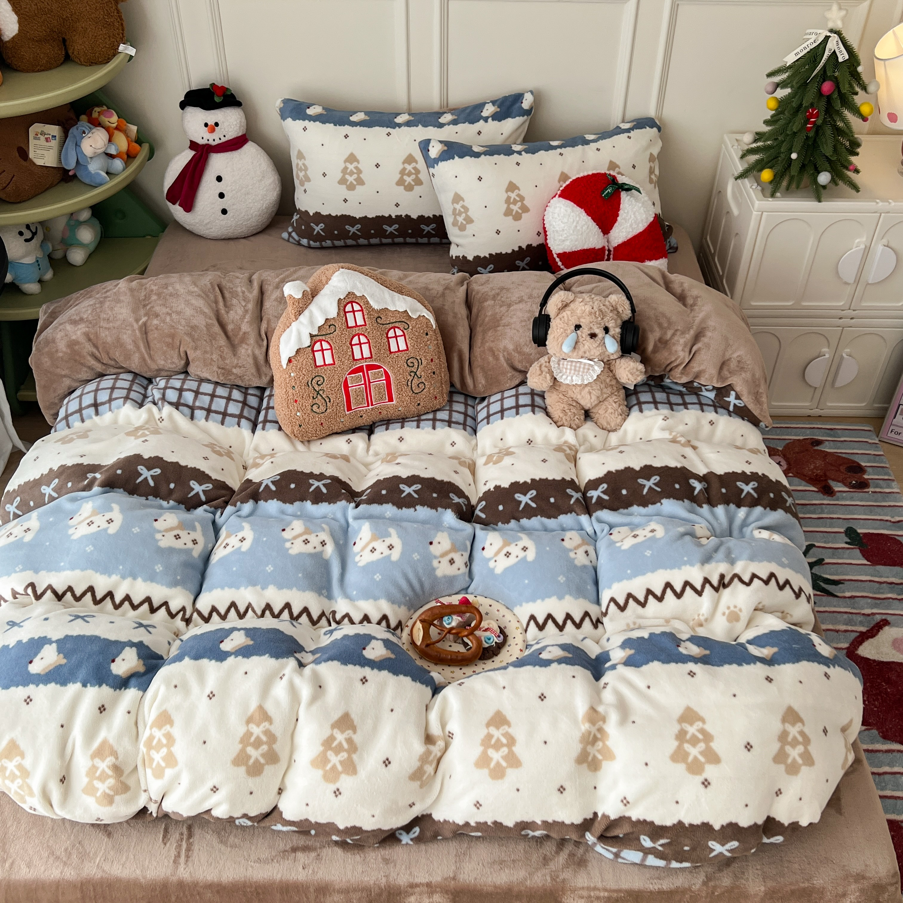 猫咪日记少女风蓝色费尔岛圣诞款牛奶绒四件套三件套床单被套床品