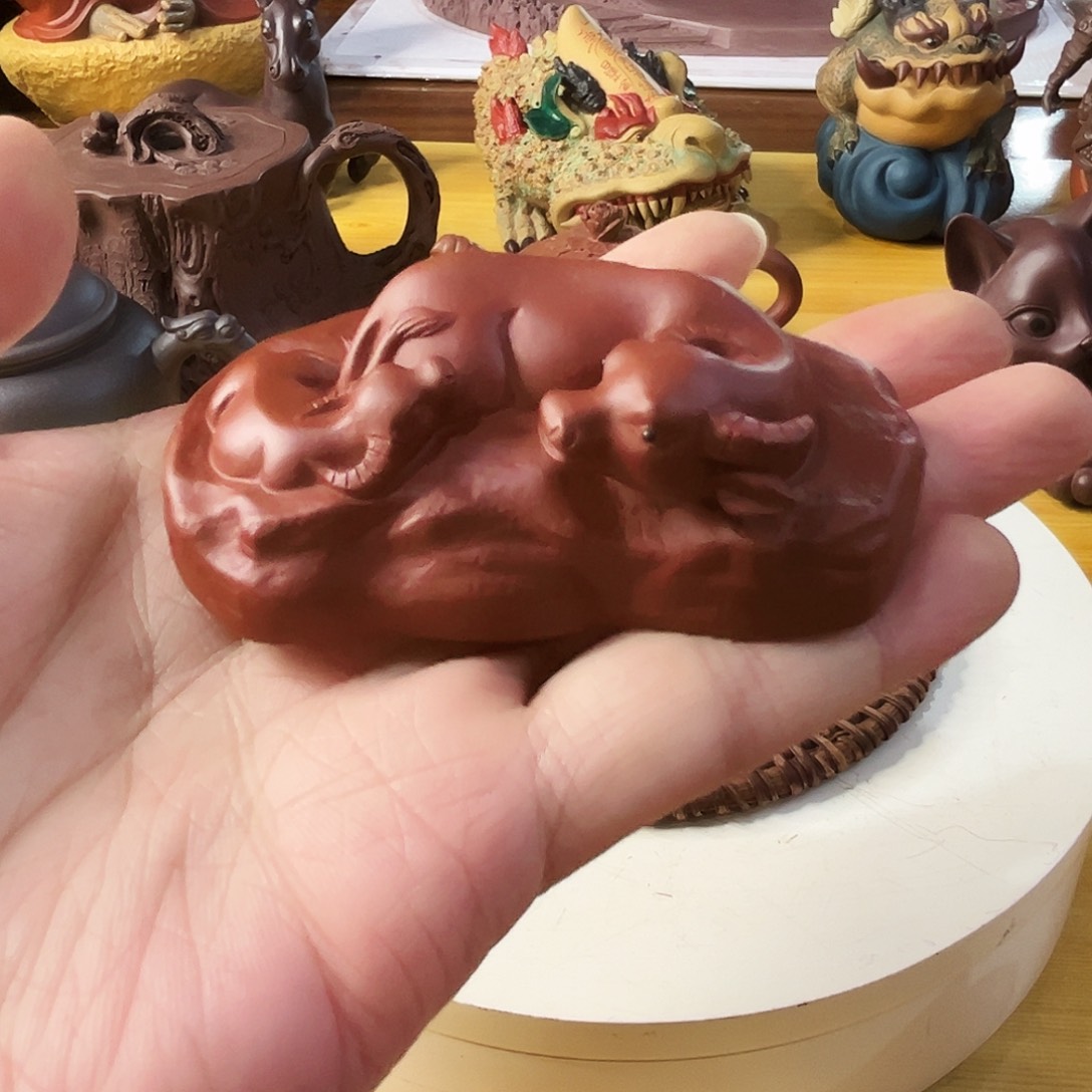 紫砂茶宠子母牛原矿红泥