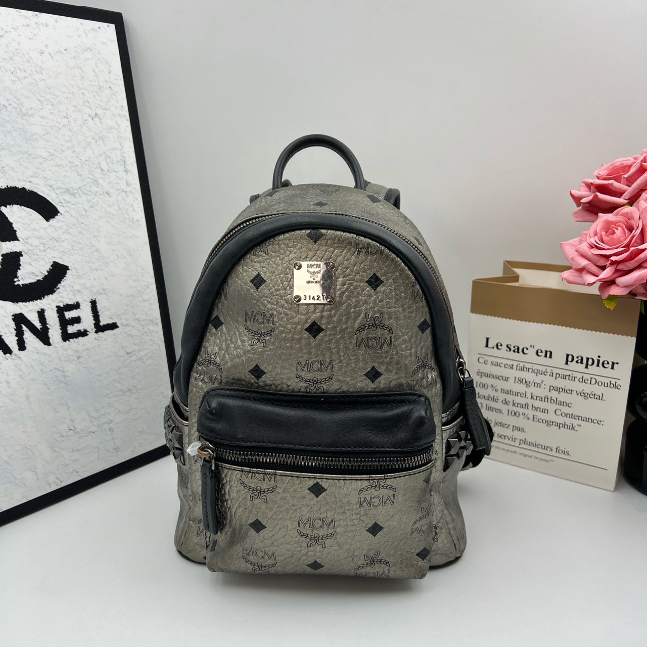 95新 MCM 7748/枪色迷你双肩包