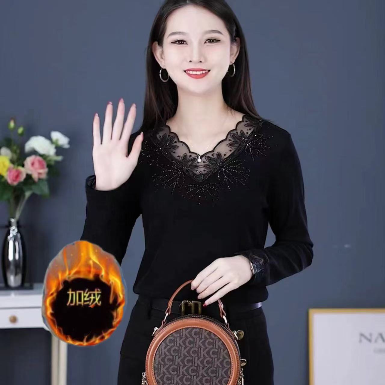 V领圆领加绒烫钻抗起球女长袖重工时尚妈妈显瘦气质保暖百搭女装