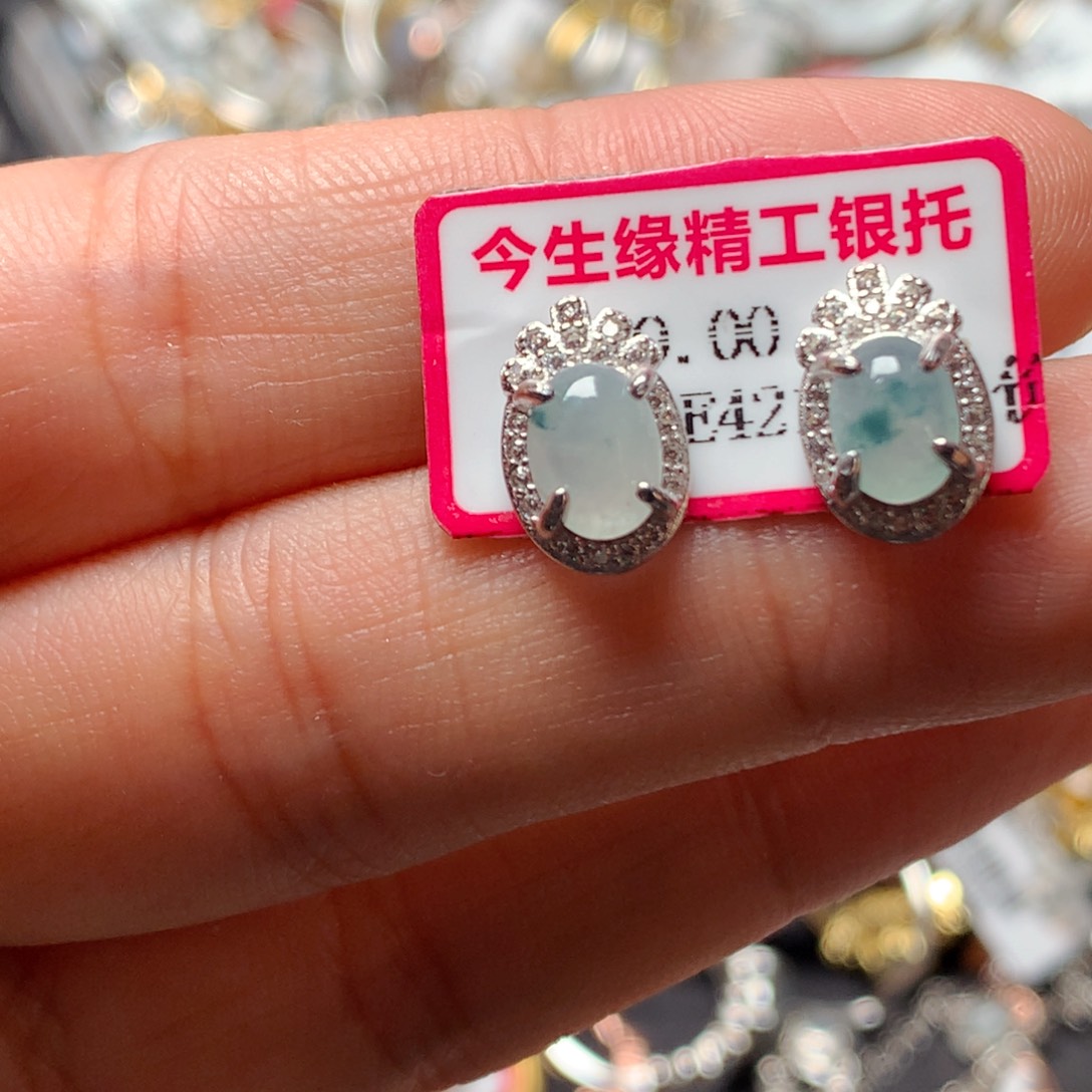 翡翠戒指银S925镶嵌天然翡翠耳饰