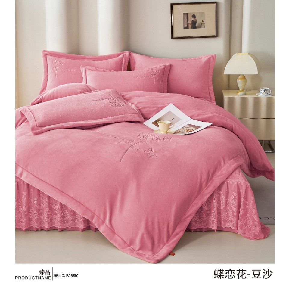 蝶恋花-升级蕾丝款加厚牛奶绒床盖四件套-轻奢款铂金绒