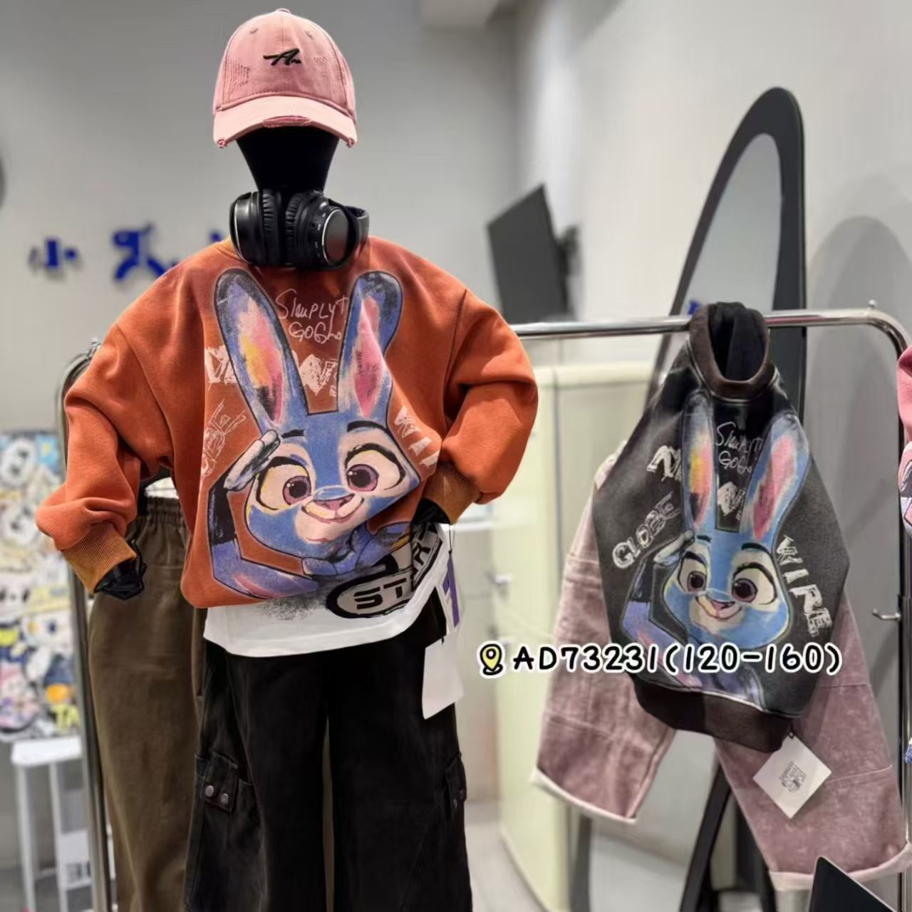 120-160男女童卡通图案加薄绒圆领冬季卫衣