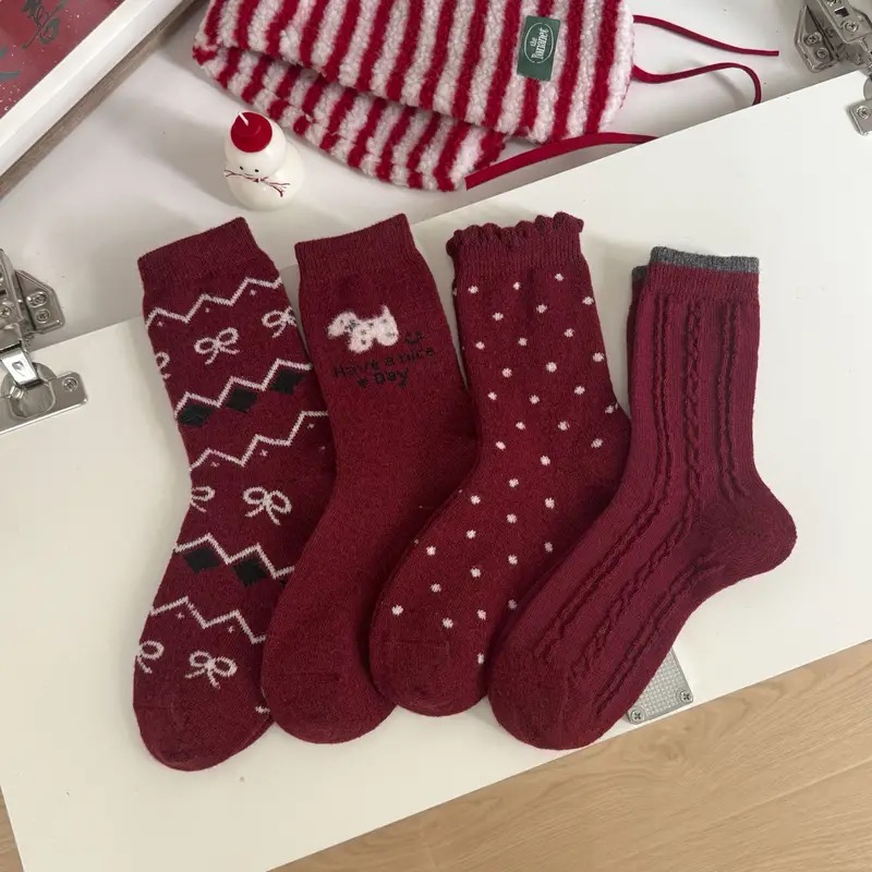 费尔岛羊毛袜子女秋冬季加厚保暖蝴蝶结中筒袜灰色长筒堆堆袜ins