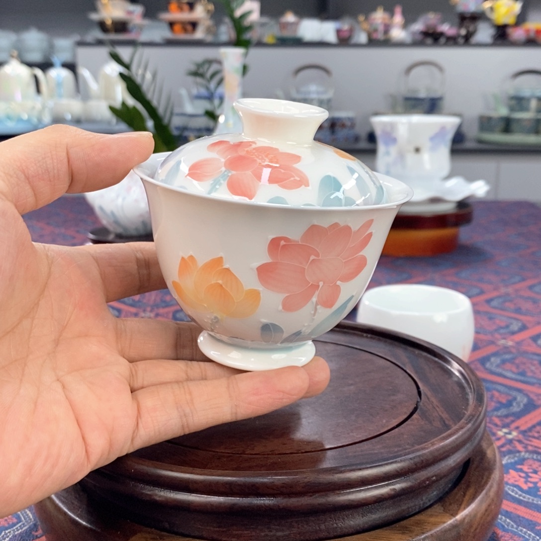 荷韵盖碗釉下手绘高温