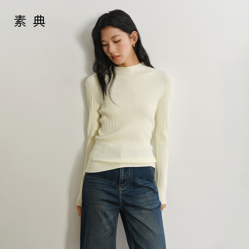 素典【舒柔打底】羊毛坑条半高领针织打底衫秋冬休闲毛衣女5387