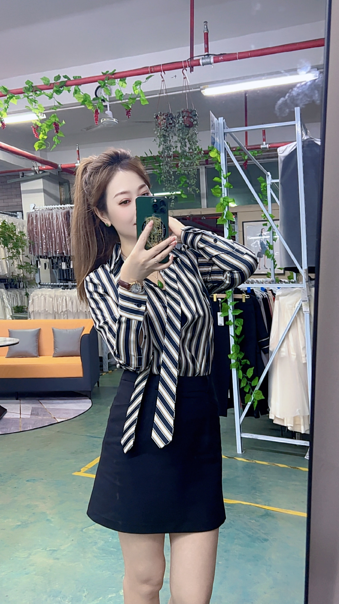 2021005黑白条纹飘带衬衫千金财阀ins洋气衣服女