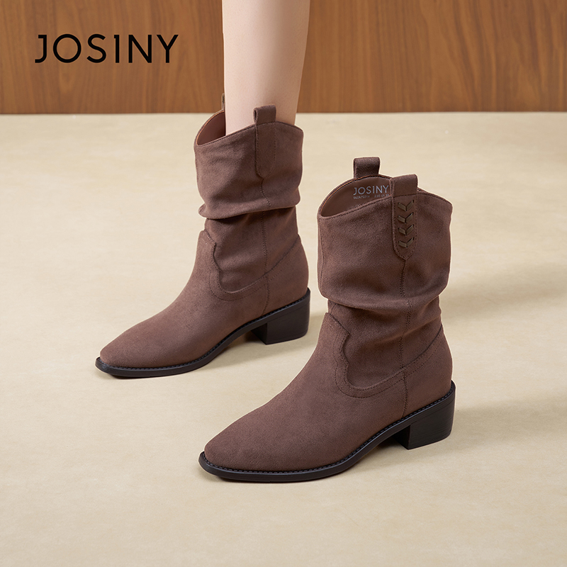 卓诗尼短靴女款2025新款秋冬复古方跟显瘦西部牛仔靴美拉德堆堆靴