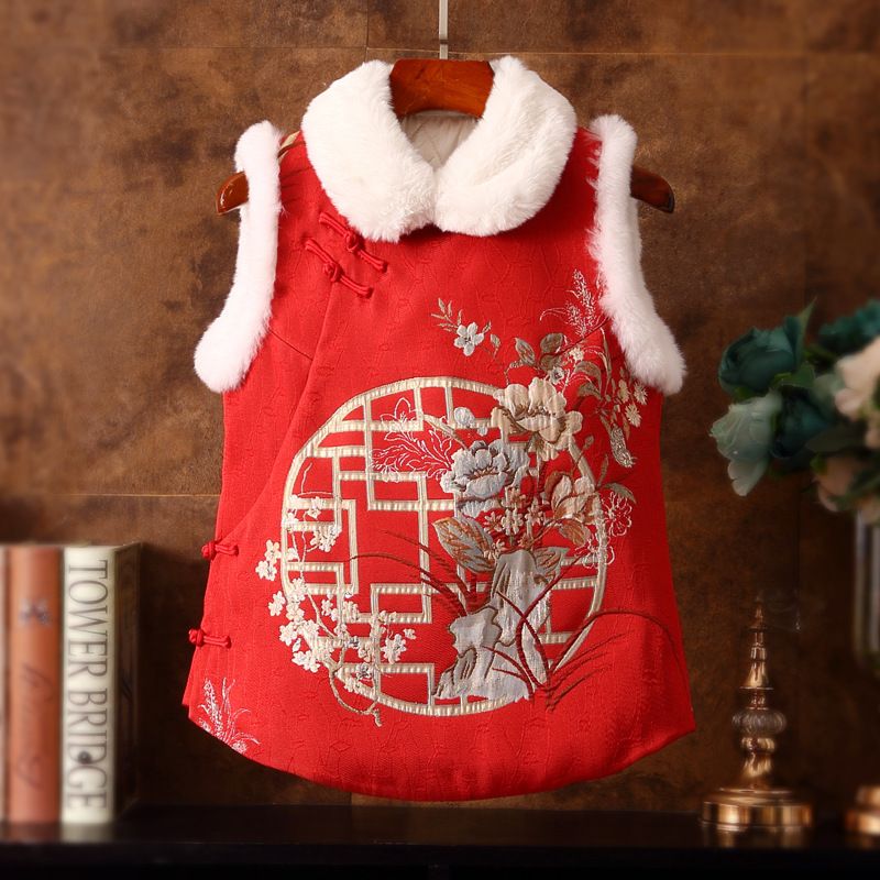 红色马夹秋冬加棉保暖复古背心提花唐装立领马夹上衣马甲