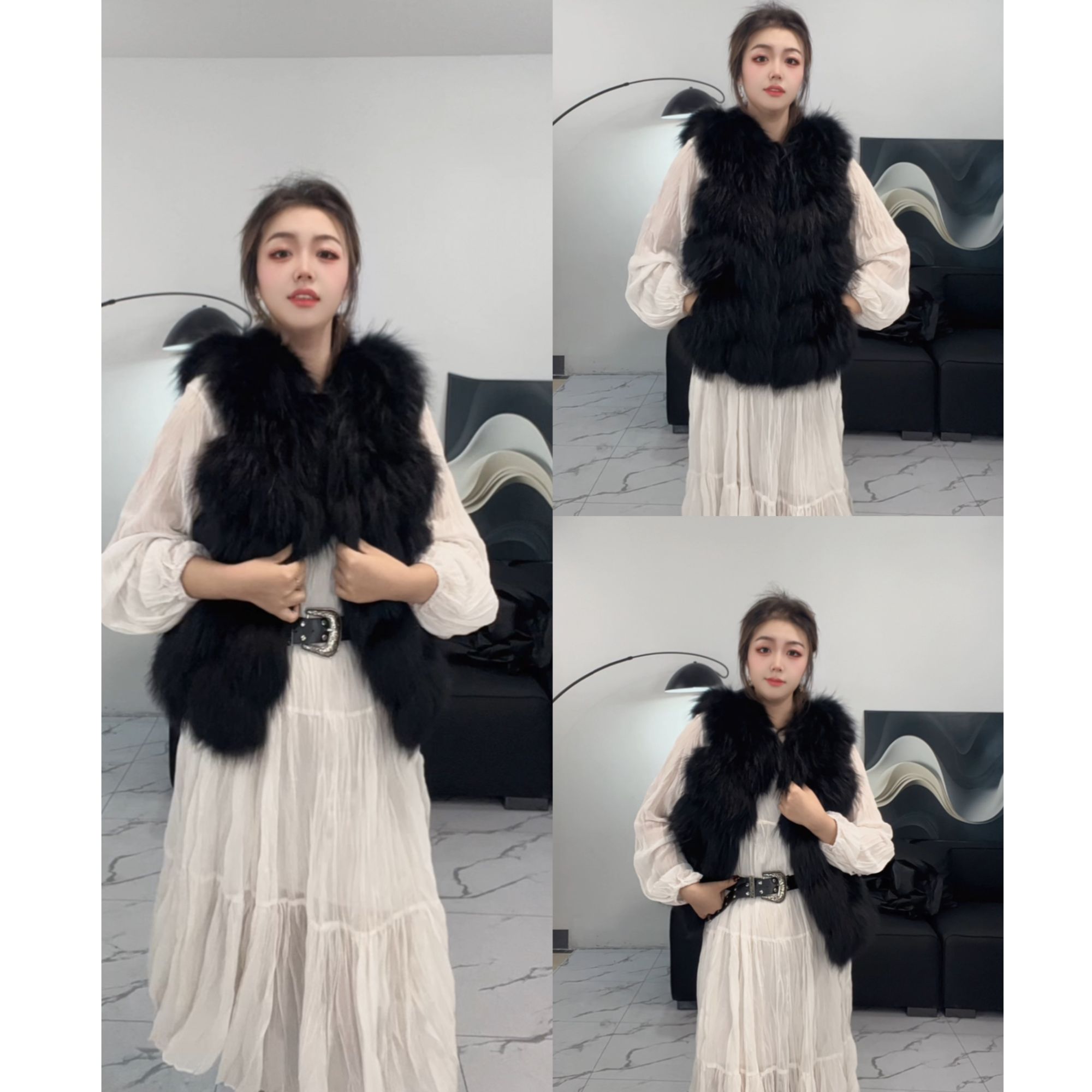 2025年秋冬新款中长款皮草貉子毛女V领马甲