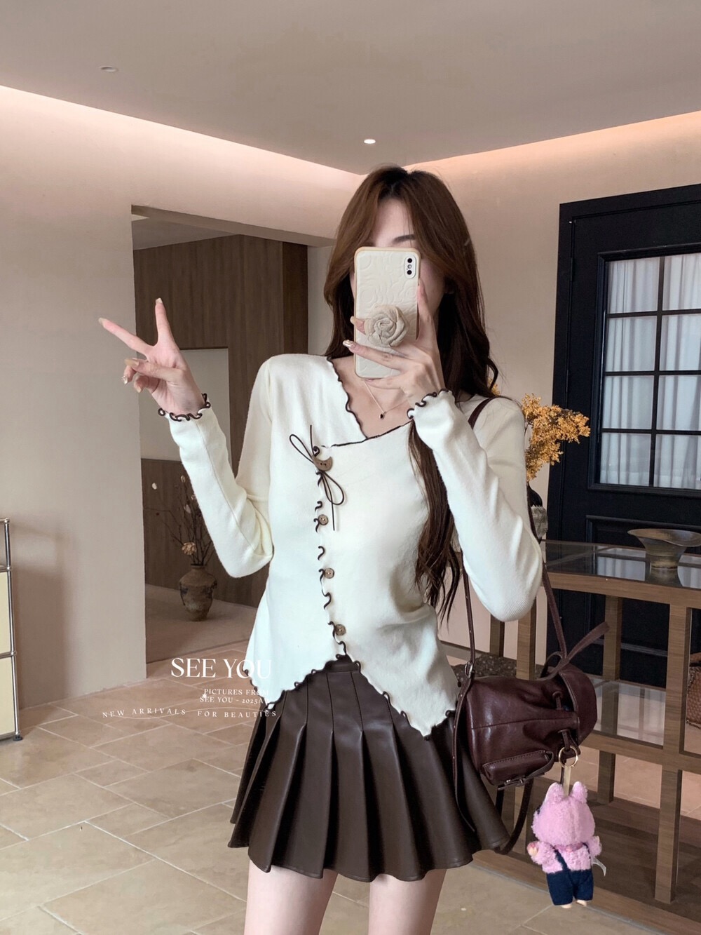早秋法式不规则木耳边长袖针织衫V领长袖针织衫女百搭显瘦上衣