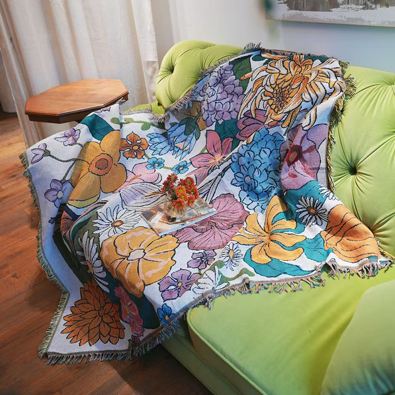 春日绽放双面流苏盖毯沙发毯