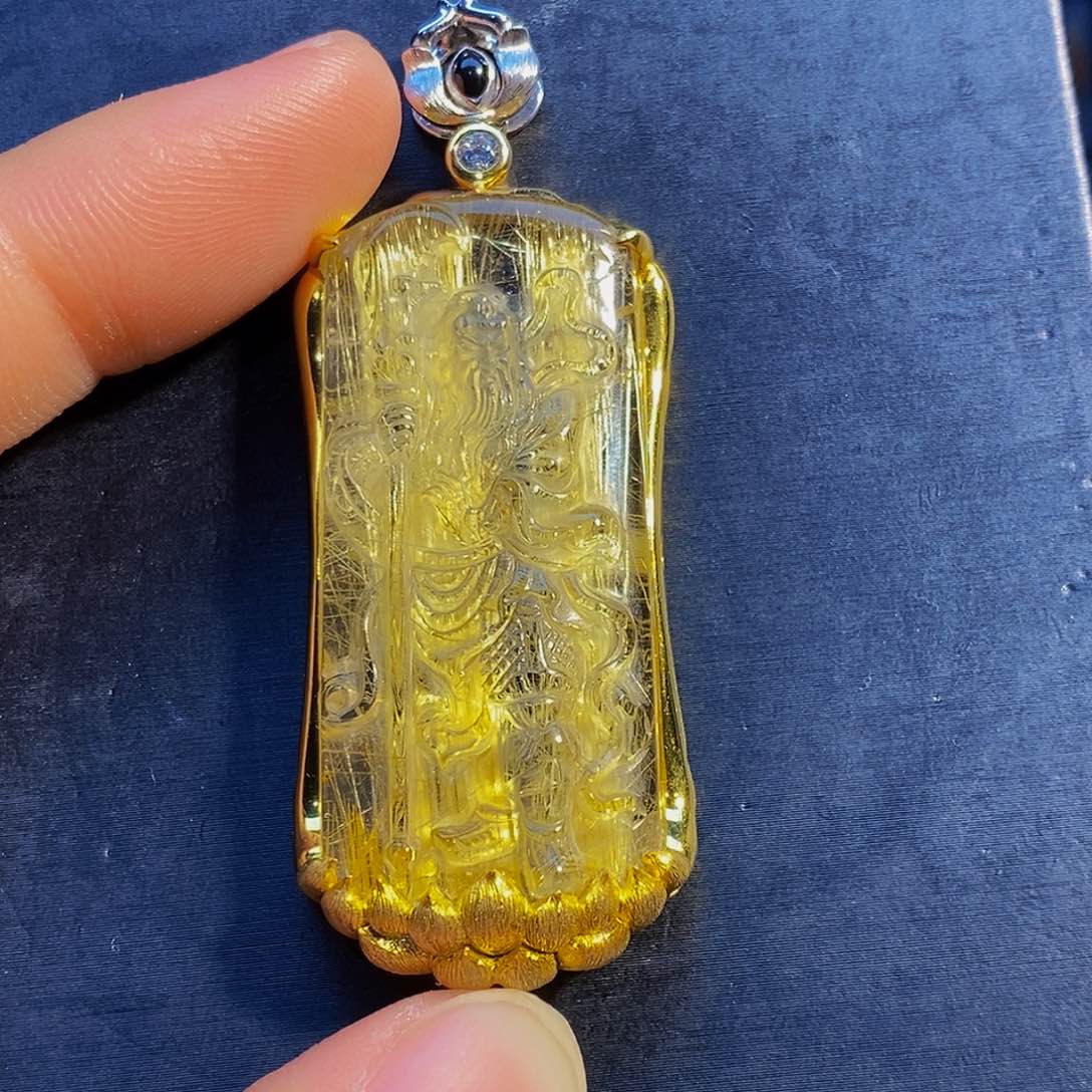 水晶颈饰银S925镶嵌天然钛晶关公吊坠