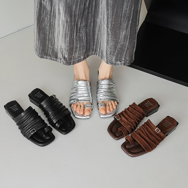 方头平跟极简风纯色一字拖简约外穿百搭网红时尚休闲夏季软底385