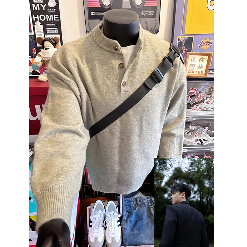 （奥坨专属）灰色亨利领毛衣男款秋冬季慵懒风高级感内搭打底针织衫