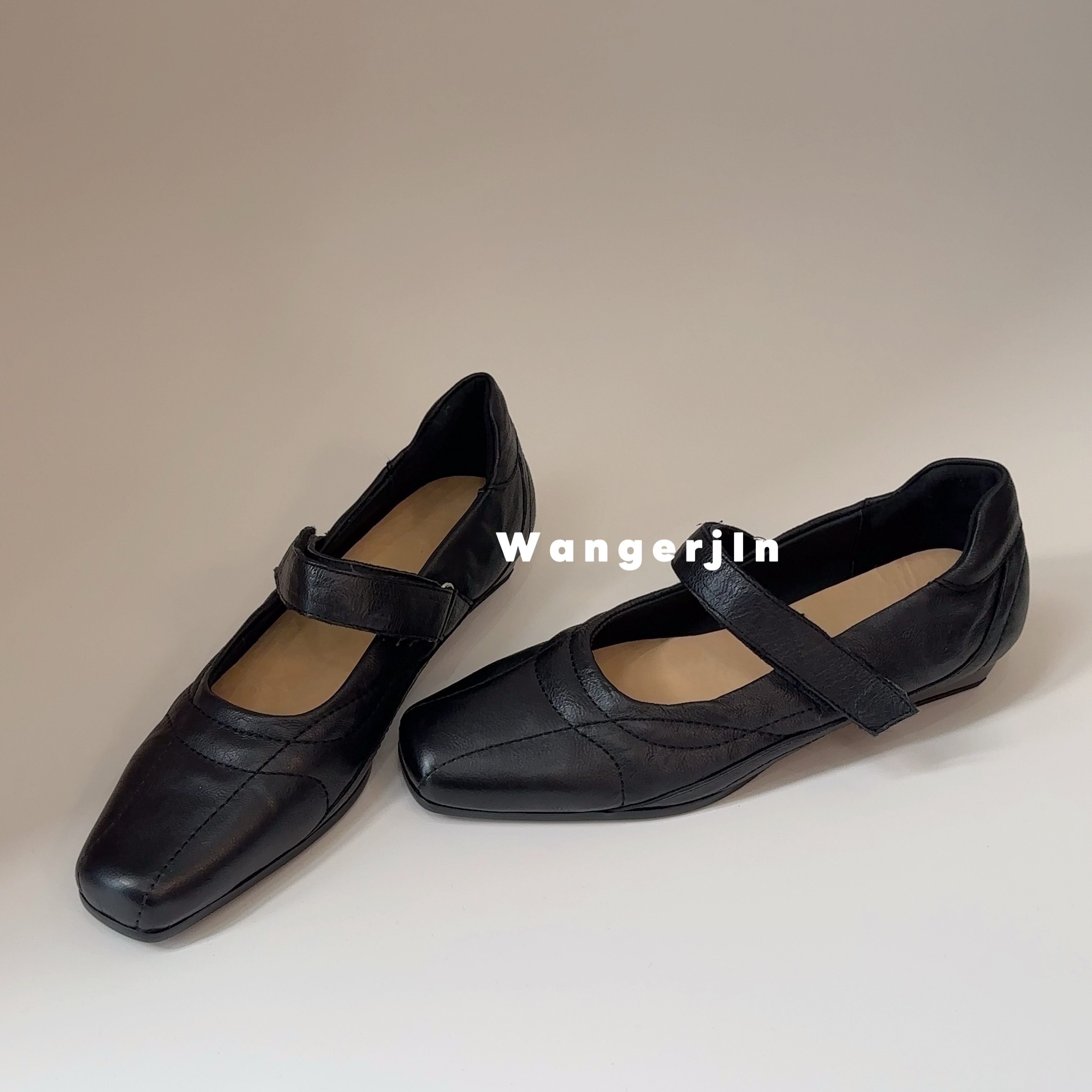 【王二今】牛皮/3.5CM/运动机能一字带魔术贴浅口玛丽珍芭蕾舞单鞋