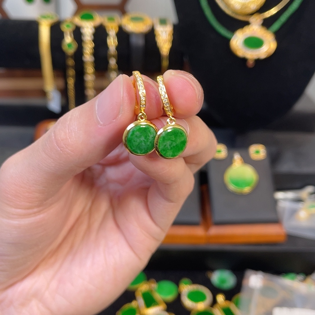 翡翠耳饰银S925镀金镶嵌