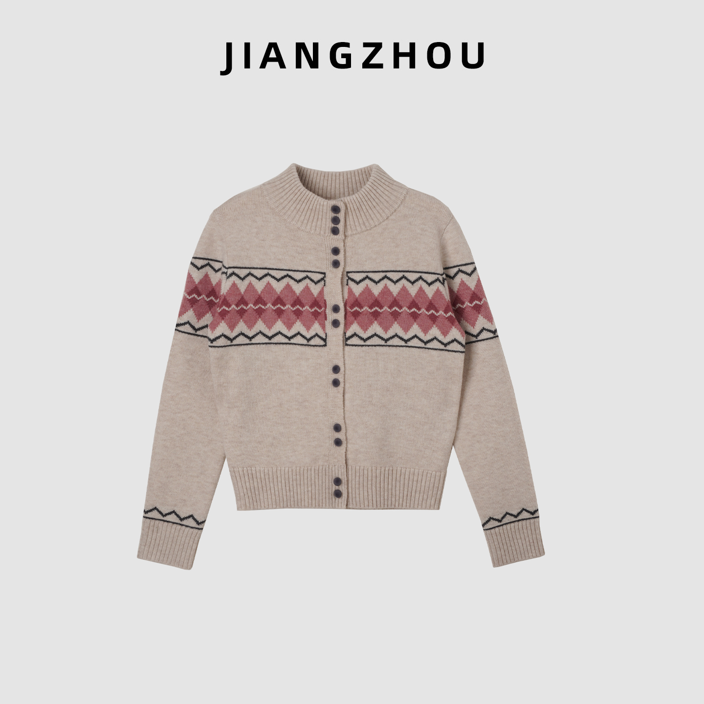 江洲【影叠】冬季新款韩版百搭菱格提花拼色纽扣开衫加厚保暖毛衣