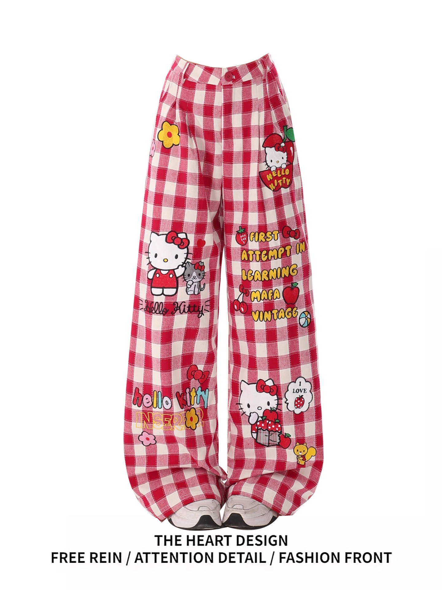 复古潮流趣味卡通格子休闲裤女秋季新款学院风宽松直筒长裤潮