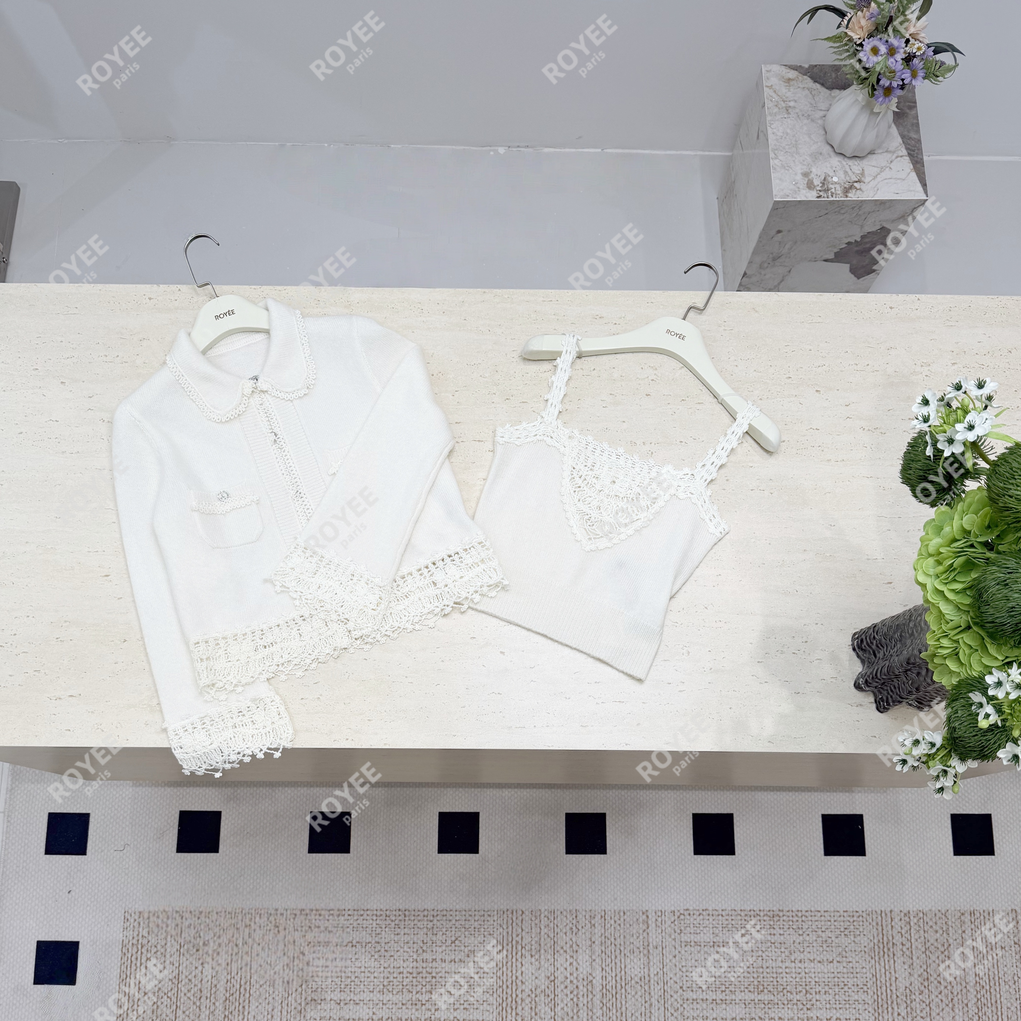 【奶味薄荷】甜美温柔蕾丝重工钩花针织外套吊带背心两件套RY1629